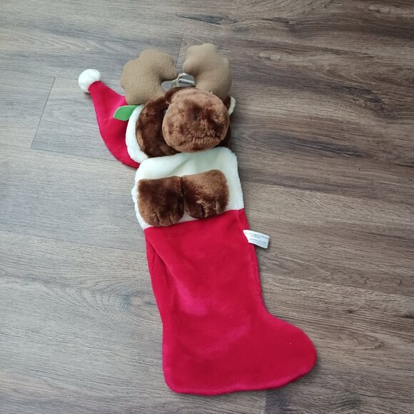 21" Fiesta Brown Moose Head Paws Red Christmas Stocking Plush 1989 Vintage - Picture 1 of 7
